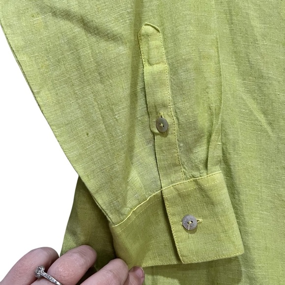 Foxcroft 14W Relaxed Chartreuse 100% Linen Long Sleeve Button Down Shirt - Picture 4 of 6
